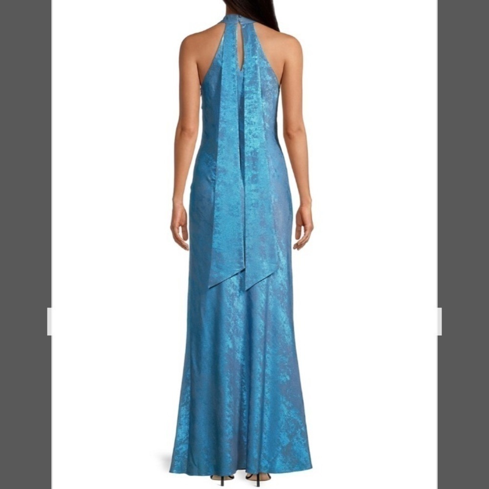 Aidan by Aidan Mattox Halter Sleeveless Foiled Mermaid Gown in Ocean Dream - Picture 3 of 11
